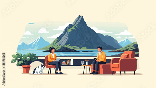 Two people work on laptops with a cat and a scenic mountain lake view