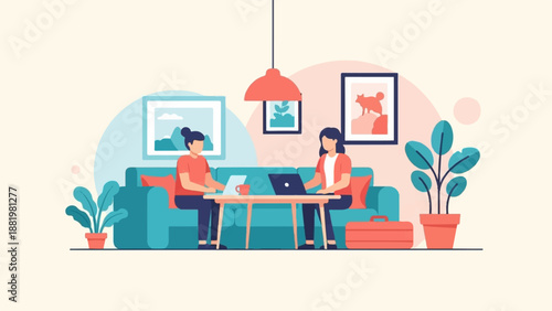 Two women collaborating remotely on laptops in a cozy living room setting