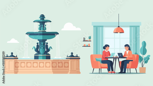 Two women collaborating on laptops at a table near a fountain