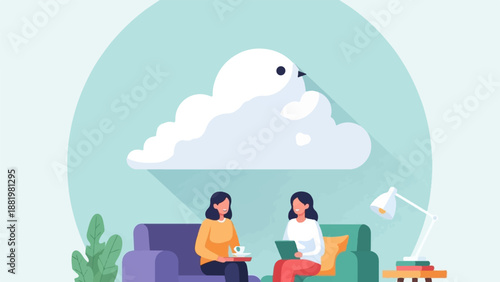 Two women conversing while a whimsical bird cloud floats above them
