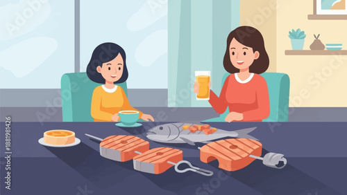 Two women enjoying a meal with grilled fish, pie, and drinks