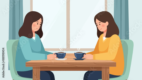 Two women enjoying coffee together while sitting in chairs at a table