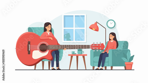 Two women enjoying music, one with a large guitar in a cozy room