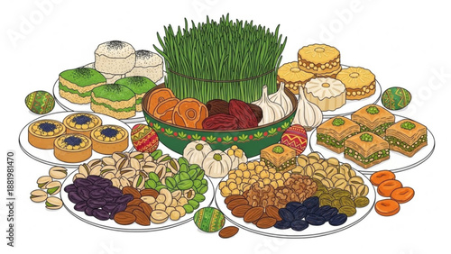 Traditional nowruz table setting with various foods and plate of wheat grass