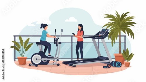 Two women exercising on cardio machines on a balcony with plants