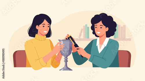 Two women examine an ornate chalice, with books in the background