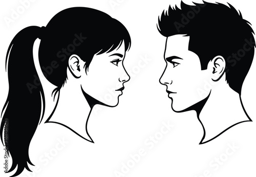 Detailed Male and Female Face Profile Illustration Looking at Each Other, Human Relationship and Communication Concept Artwork for Psychology, Identity, Dating, and Design Use
