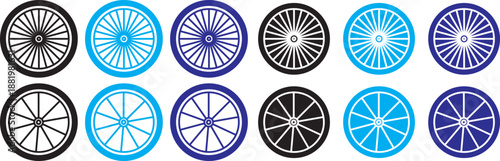 Bicycle wheel icon. Colorful vehicle wheel icon set isolated on white. Side view bicycle illustration with visible pedals and wheels. Bike Rides, Sport Symbols, and Transport Icons for Healthy Adventu