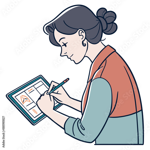 Professional Woman Using Tablet and Stylus Pen for Digital Drawing Creative Graphic Designer Working on Modern Project Vector