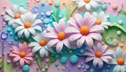 A close-up view of various artificial flowers with vibrant colors. Water droplets decorate the petals, contrasting against a gradient background with soft hues.