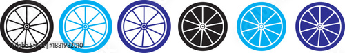 Bicycle wheel icon. Colorful vehicle wheel icon set isolated on white. Side view bicycle illustration with visible pedals and wheels. Bike Rides, Sport Symbols, and Transport Icons for Healthy Adventu