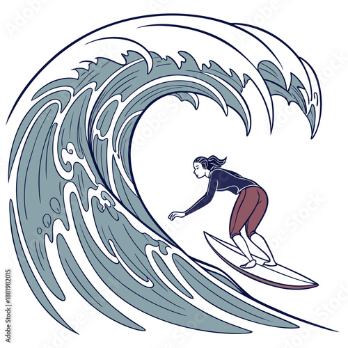 Fearless Woman Surfing a Massive Giant Wave with Fluid Motion, Extreme Sports and Ocean Adventure Vector Illustration