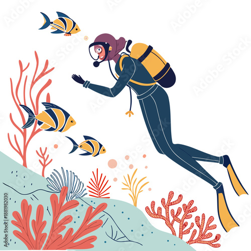Active Woman in a Scuba Suit Diving Deep Underwater, Marine Exploration and Scuba Diving Adventure Vector Design