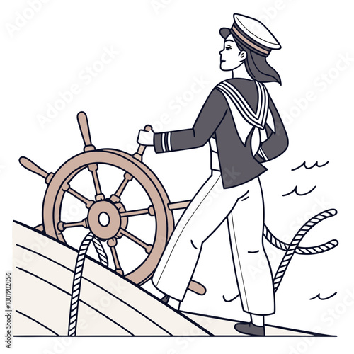 Capable Female Sailor Navigating a Boat through Nautical Waters, Maritime Adventure and Sailing Concept Vector