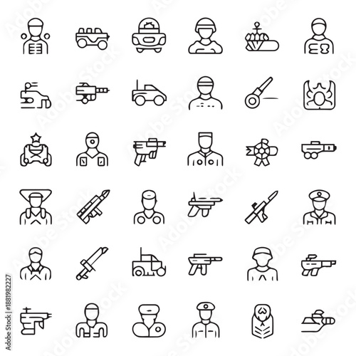 Military icons set soldiers vehicles weapons and equipment outlined in black
