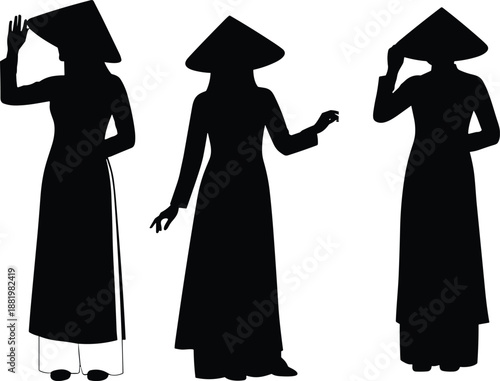Vietnamese women silhouettes wearing traditional conical hats, cultural heritage, Asian tradition, graceful poses and national identity concept isolated on white
