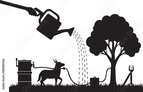 Hand watering tree vector illustration with donkey and water pump eco friendly concept