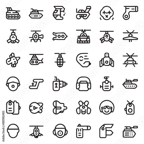 Collection of various military vehicle and equipment outline icons on white background