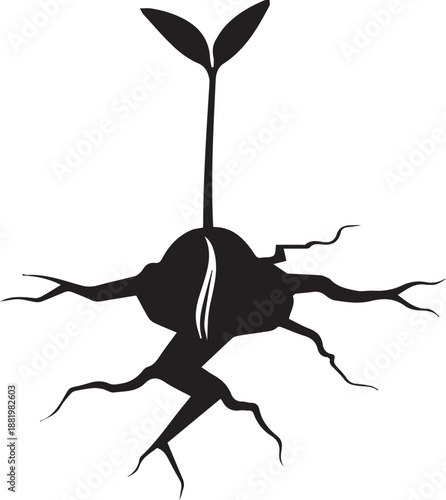 Sprouting seed with roots and small leaves silhouette vector illustration of plant growth