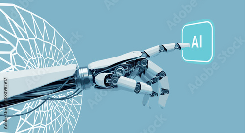Robot hand vector touching artificial intelligence button on blue