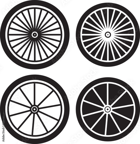Bicycle wheel icon. Colorful vehicle wheel icon set isolated on white. Side view bicycle illustration with visible pedals and wheels. Bike Rides, Sport Symbols, and Transport Icons for Healthy Adventu