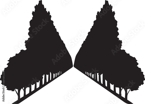 Two groups of forest trees in perspective silhouette vector illustration for design layout