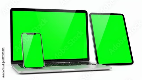 Electronic Devices with Green Screens Displayed.