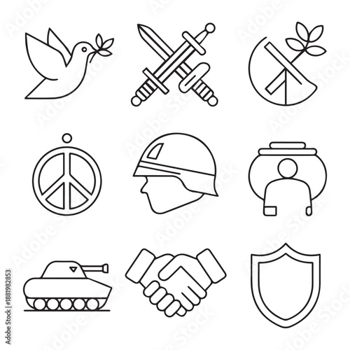 Symbols of peace war and protection a collection of line art icons