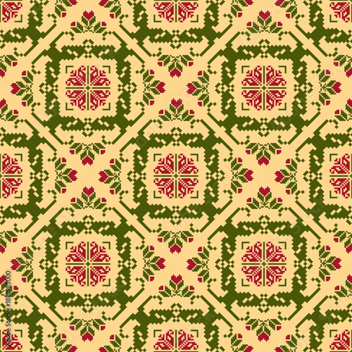 Seamless geometric pattern . pixel pattern. Design for clothing fabric textile ornamentation embroidery Hand stitched pattern . cultural stitching pixel art , Cross stitch pattern