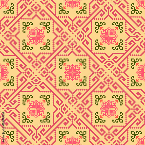 Seamless geometric pattern . pixel pattern. Design for clothing fabric textile ornamentation embroidery Hand stitched pattern . cultural stitching pixel art , Cross stitch pattern
