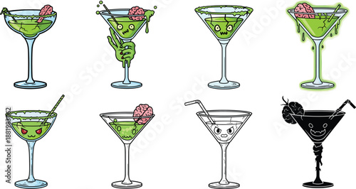 Cute spooky martini glass set with green slime, brains, monster faces and dripping drinks, Halloween cartoon cocktail illustrations isolated on white background