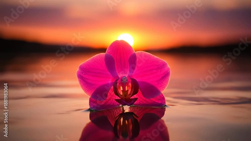 Pink Lotus Flower at Sunset Reflection.