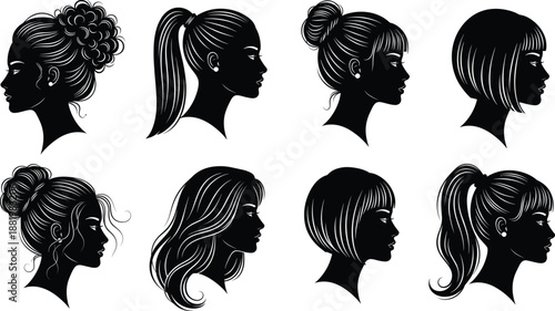 Elegant female profile silhouette collection with different hairstyles, ponytail, bun, bob and waves, black vector portraits for beauty, fashion and hairstyle design