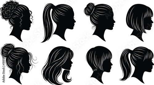 Female profile silhouette hairstyle collection with ponytail, bun, bob and wavy hair, black vector portraits for beauty, fashion, salon branding and hairstyle design