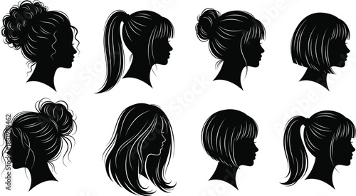Female profile silhouette hairstyle set with ponytail, bun, bob and long hair, black vector portraits for beauty, salon branding, fashion and hairstyle design