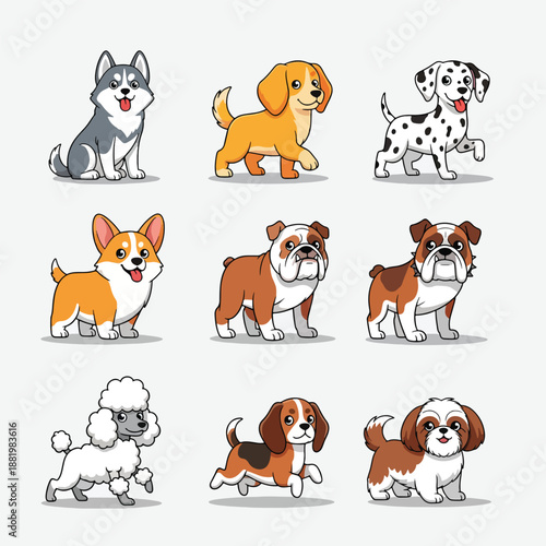 Adorable cartoon dog breeds collection.