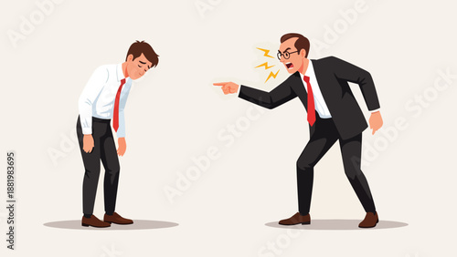 Angry Boss Yelling at Sad Employee in Professional Setting.