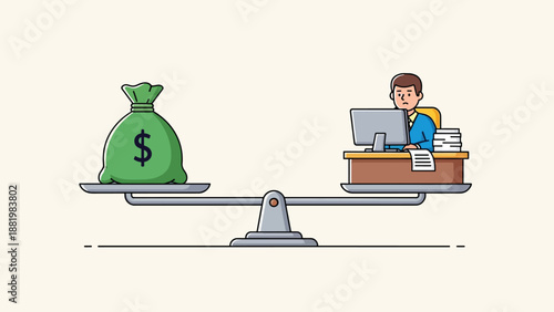 Balance Scale Showing Money Bag vs Person Working at Desk.