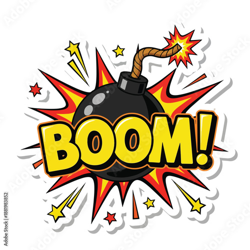 Boom Comic Explosion Sticker with Bomb Illustration.