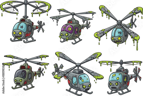 Set of cartoon zombie helicopters with dripping slime and cracked windows, spooky flying machines for Halloween, horror games, stickers and fantasy illustration packs