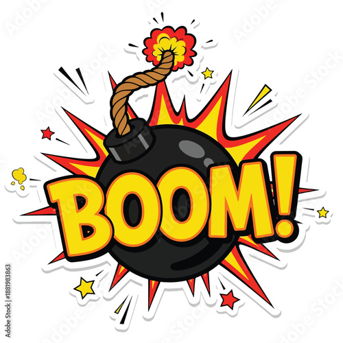Boom Comic Style Explosion Sticker Design.