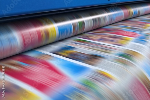 High speed printing press in motion, colorful offset production blur, industrial publishing workflow ideal for media, advertising, print industry visuals