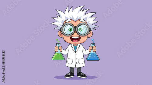 Mad Scientist Holding Beakers with Colorful Liquids 