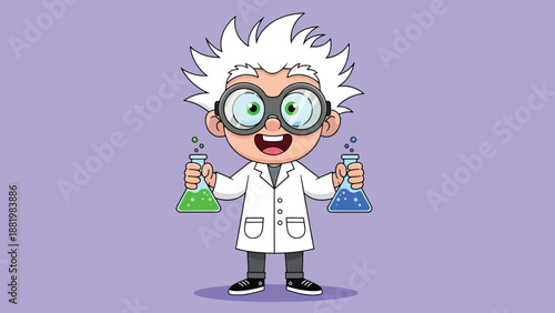 Cartoon Mad Scientist Holding Beakers with Colorful Liquids.