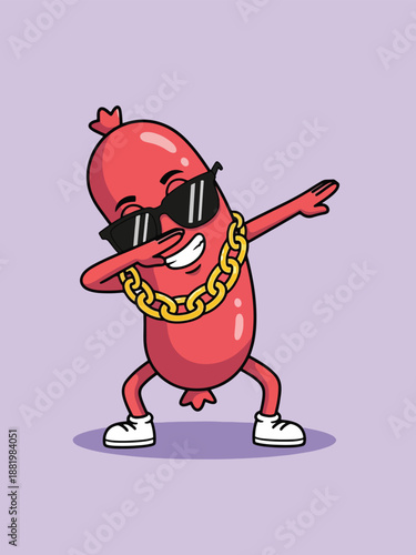 Cool Sausage Character Dabbing with Sunglasses and Gold Chain Illustration.