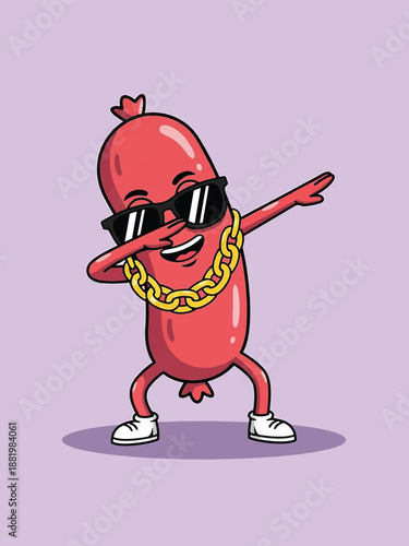 Cool Sausage Character Dabbing with Sunglasses and Gold Chain.