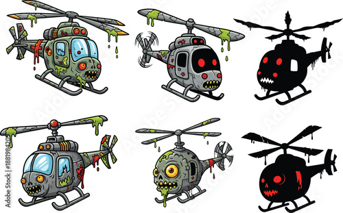 Set of cartoon zombie helicopters with dripping slime, spooky eyes and silhouettes, Halloween horror aviation illustration pack for games, stickers, posters and digital design