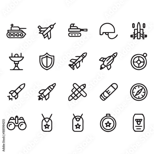 Military icons set tanks jets rockets and navigation tools in line art