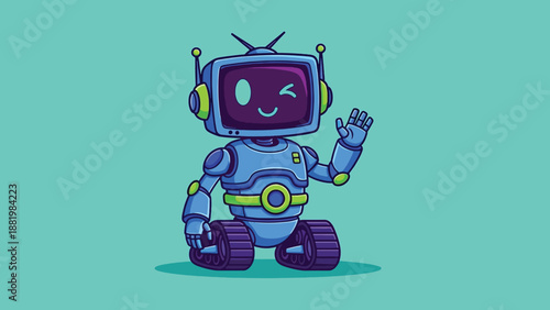 Cute Blue Robot Waving Hello.