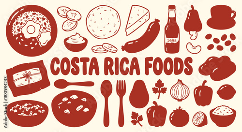 Vector collection of Costa Rican cuisine with gallo pinto and tamale in a red hand drawn doodle style. An icon set for a restaurant menu, travel guide and Central American food branding.